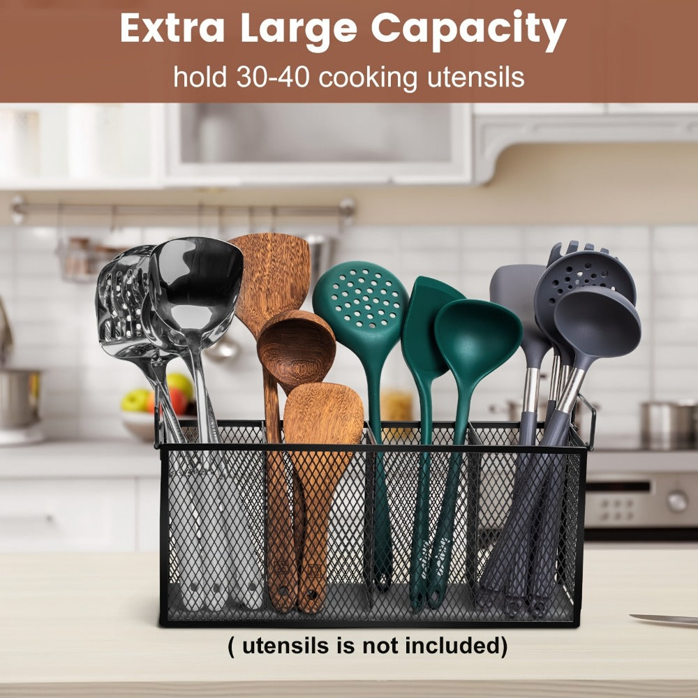 Utensil Kitchen Organizer with Four Mesh Compartments and Removable Diatomaceous Earth Base Insert
