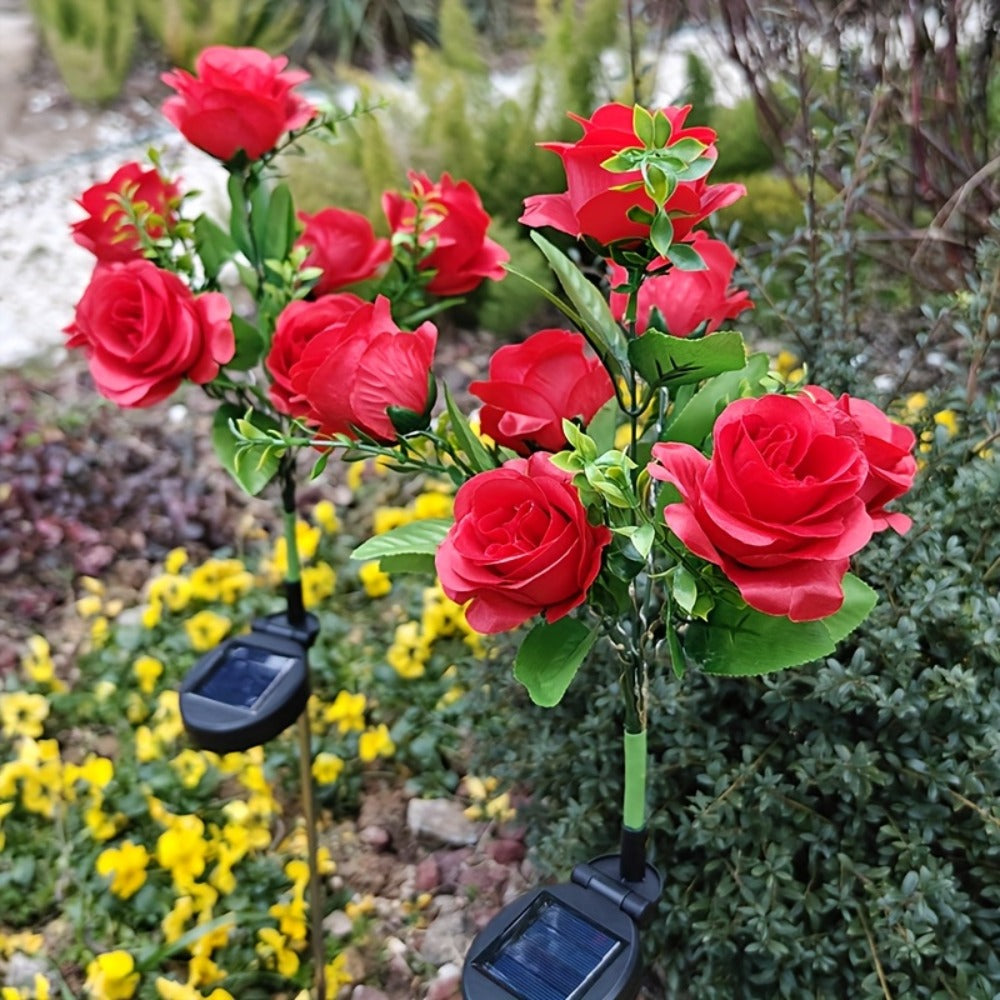 Solar Rose Garden Stake Lights with Separate Panels, Two Stakes and 14 Flowers in Red or Pink