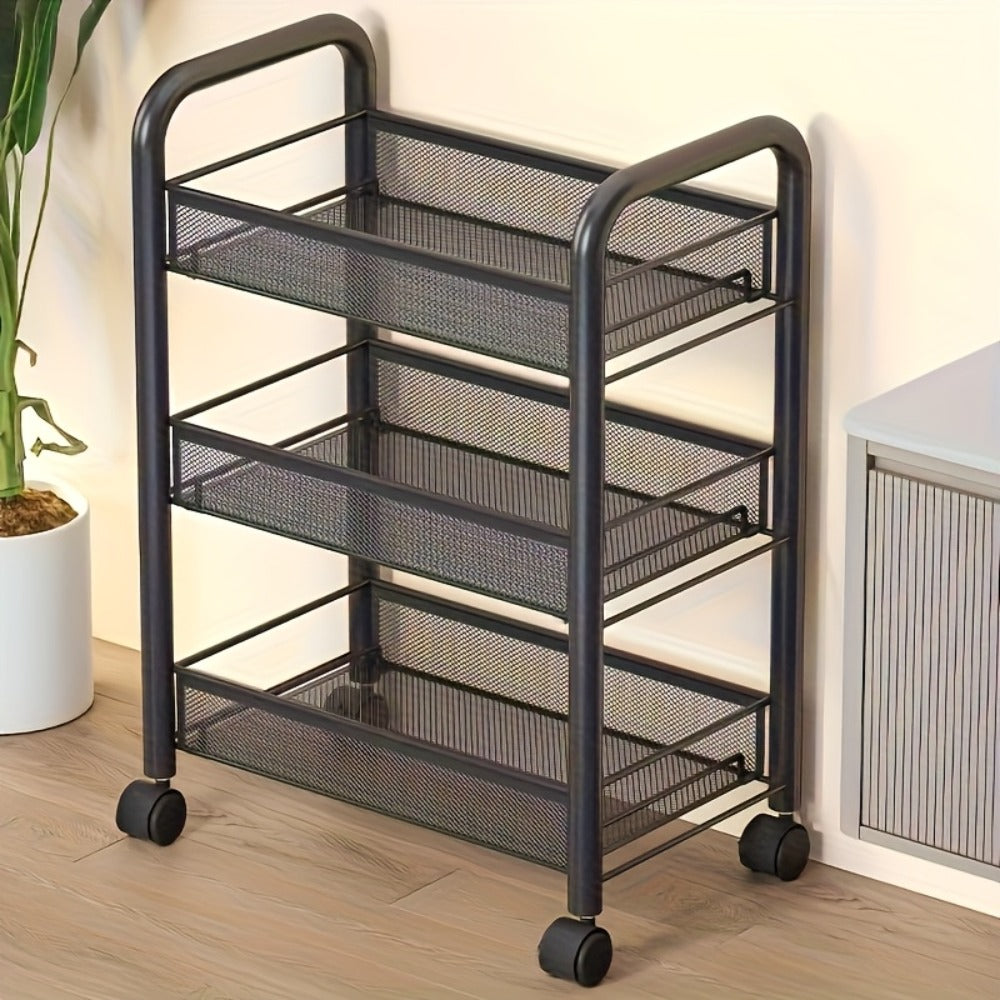 Three-, Four- or Five-Tier Black Carbon Steel Rolling Storage Cart with Detachable Wire Baskets