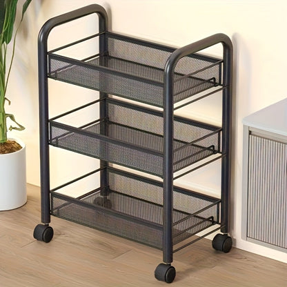 Three-, Four- or Five-Tier Black Carbon Steel Rolling Storage Cart with Detachable Wire Baskets