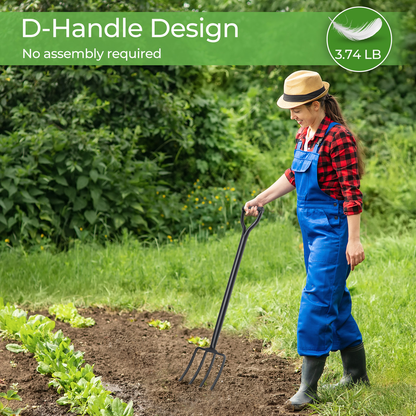 Four-Tine Garden Spading Fork with 42-Inch Shaft, D-Shaped Grip and Black Metal Construction