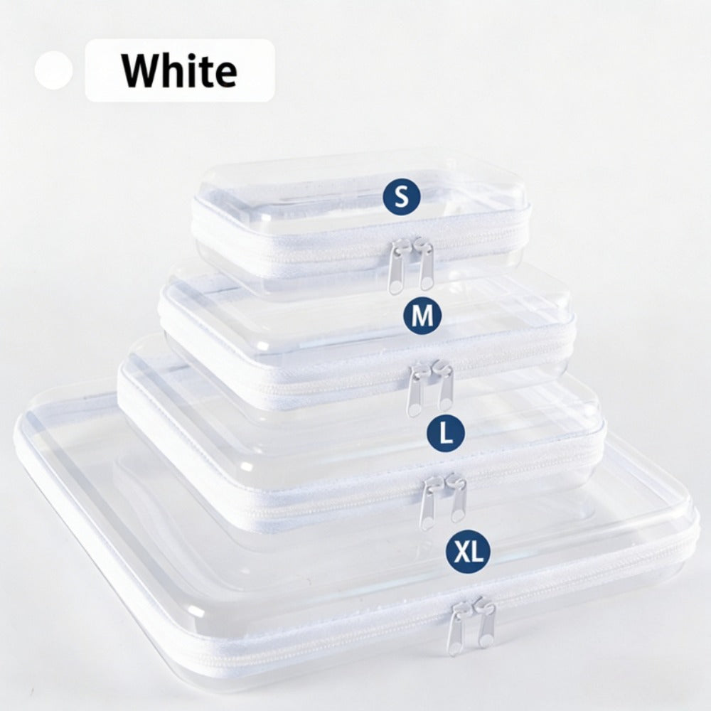 Four-Piece Storage Organizer Set with Clear Zipper Cases in S, M, L and XL Sizes and Four Trim Colors