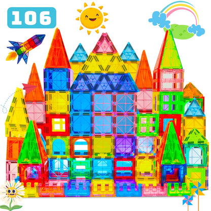 Magnetic Tiles Building Sets in 80, 106 or 136-Piece Options with Multicolor Translucent Shapes and Vehicle Bases