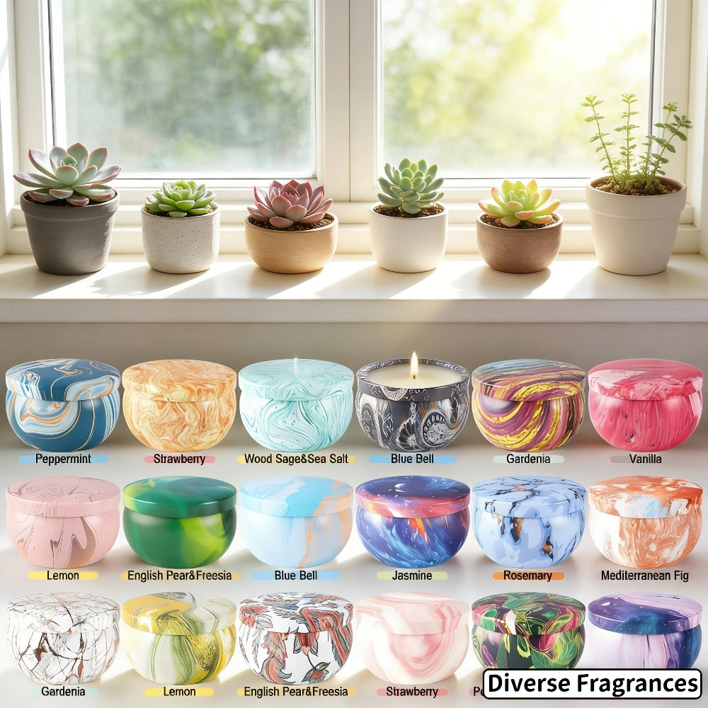 36-Piece Candle Gift Set with Lidded 2.5oz Decorative Tins in Three Coordinated Design Families