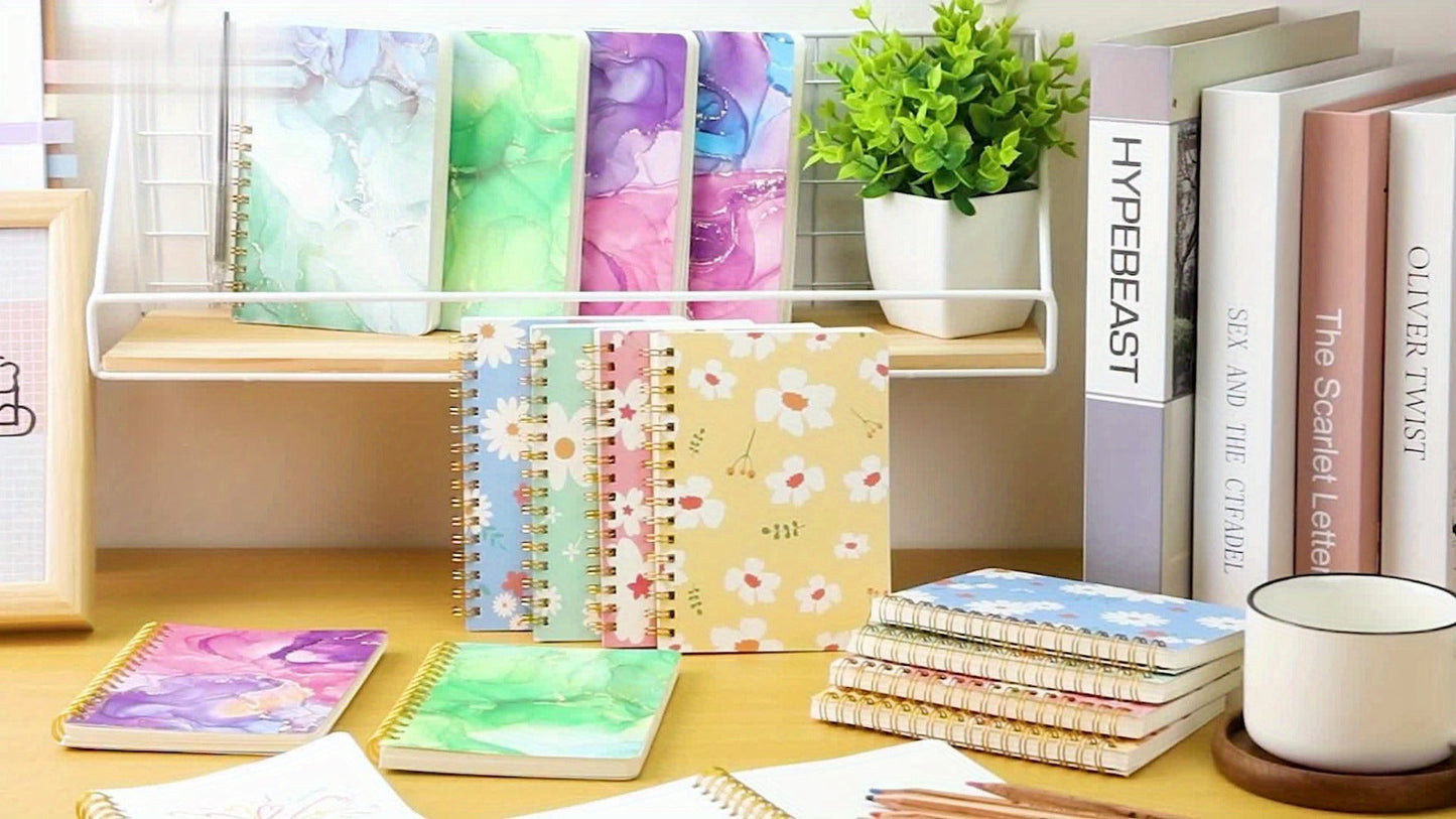 Eight-Pack A6 Floral Spiral Notebooks with Four Designs, Ruled Pages and Tear-Off Binding Pictured