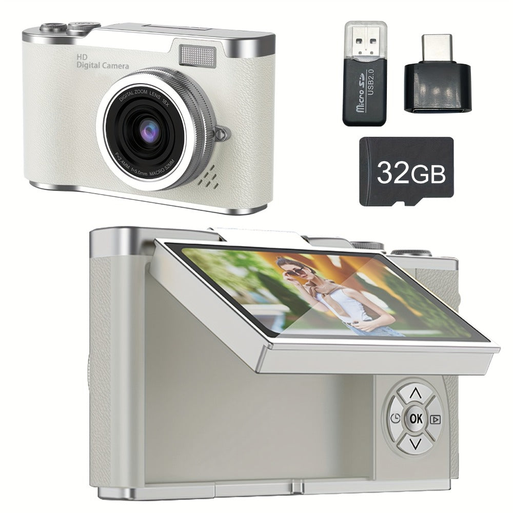 Digital Camera 1080P Model LK007 with 2.4-Inch Flip Screen, 32GB Card, Rechargeable Battery and Three Colors