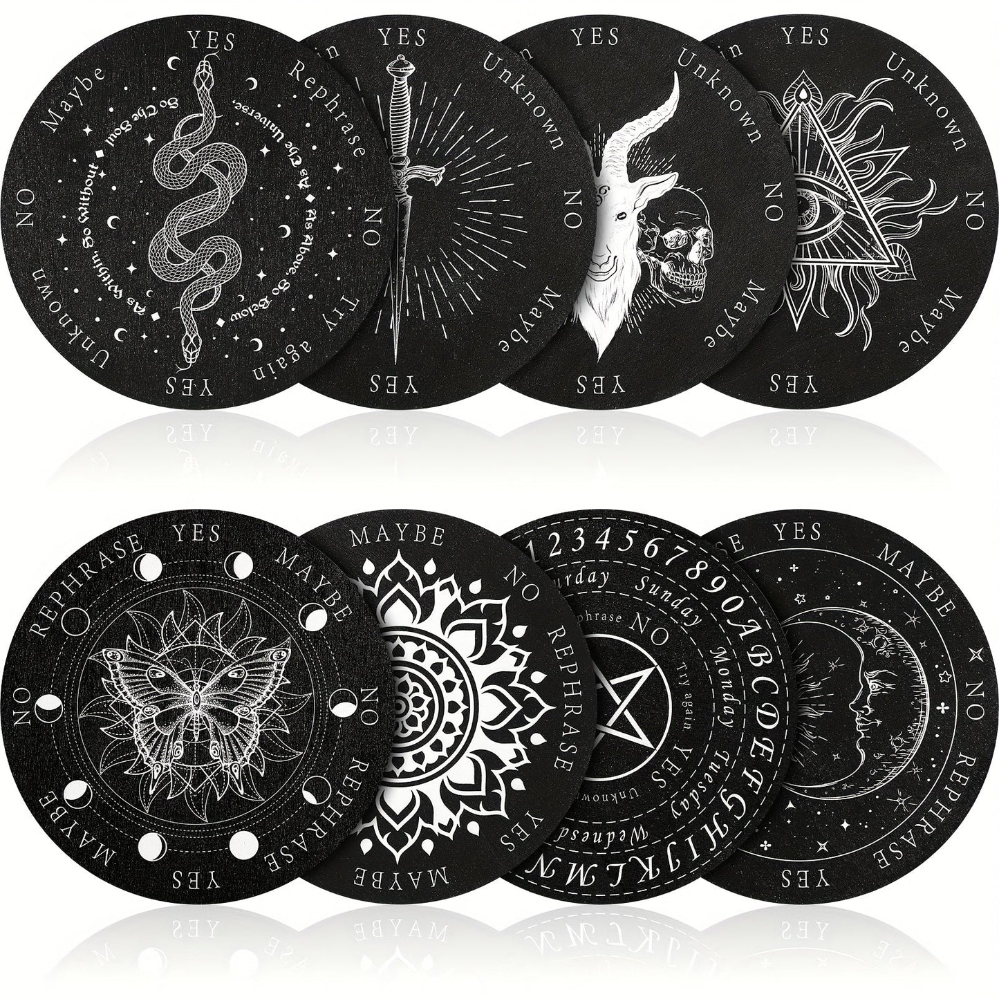 Eight-Piece Wooden Pendulum Board Set with Six-Inch Yes-No Designs for Adult Spiritual Practice and Decor