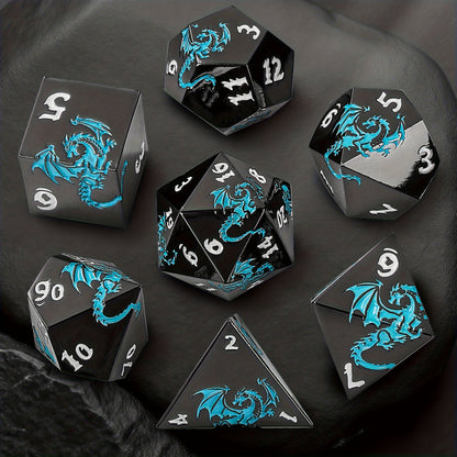 Dragon Metal Dice Set 7pcs Hand-Polished – Retro Carved Dragon Pattern Polyhedral DnD TTRPG RPG Dice with Dragon Storage Bag, D4 D6 D8 D10 D12 D20, Bronze Silver Black Blue White Cyan