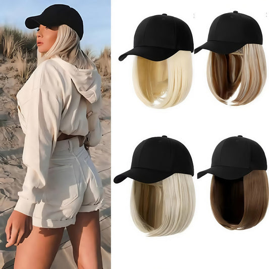 Baseball Cap Wig Women 2-in-1 Short Bob 12 Inch Glueless Synthetic Straight Breathable Adjustable Heat Resistant Natural Look Easy Wear 4 Colors Black 613 107 Style4