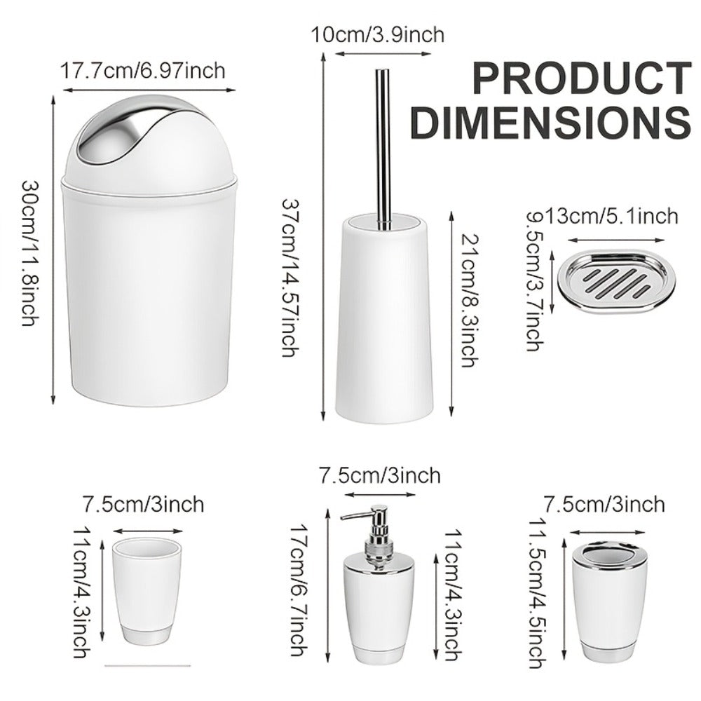 Seven-Piece Bathroom Accessory Set with Waste Bin, Toilet Brush, Dispenser and Containers in Seven Colors