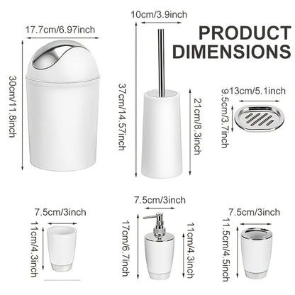 Seven-Piece Bathroom Accessory Set with Waste Bin, Toilet Brush, Dispenser and Containers in Seven Colors
