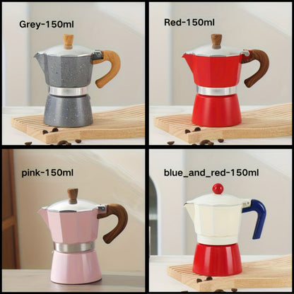 Classic 150ml Stovetop Moka Pot with Faceted Body, Wood-Look Handle and Seven Color Options