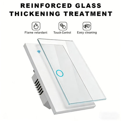 White Glass WiFi and Bluetooth Touch Wall Switch with One- to Four-Gang US-Style Options and Neutral-Wire Wiring