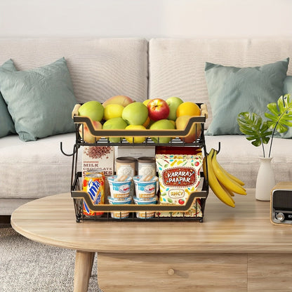Two- or Three-Tier Black Wire Fruit Basket with Wood-Look Handle and Two Banana Hanger Hooks