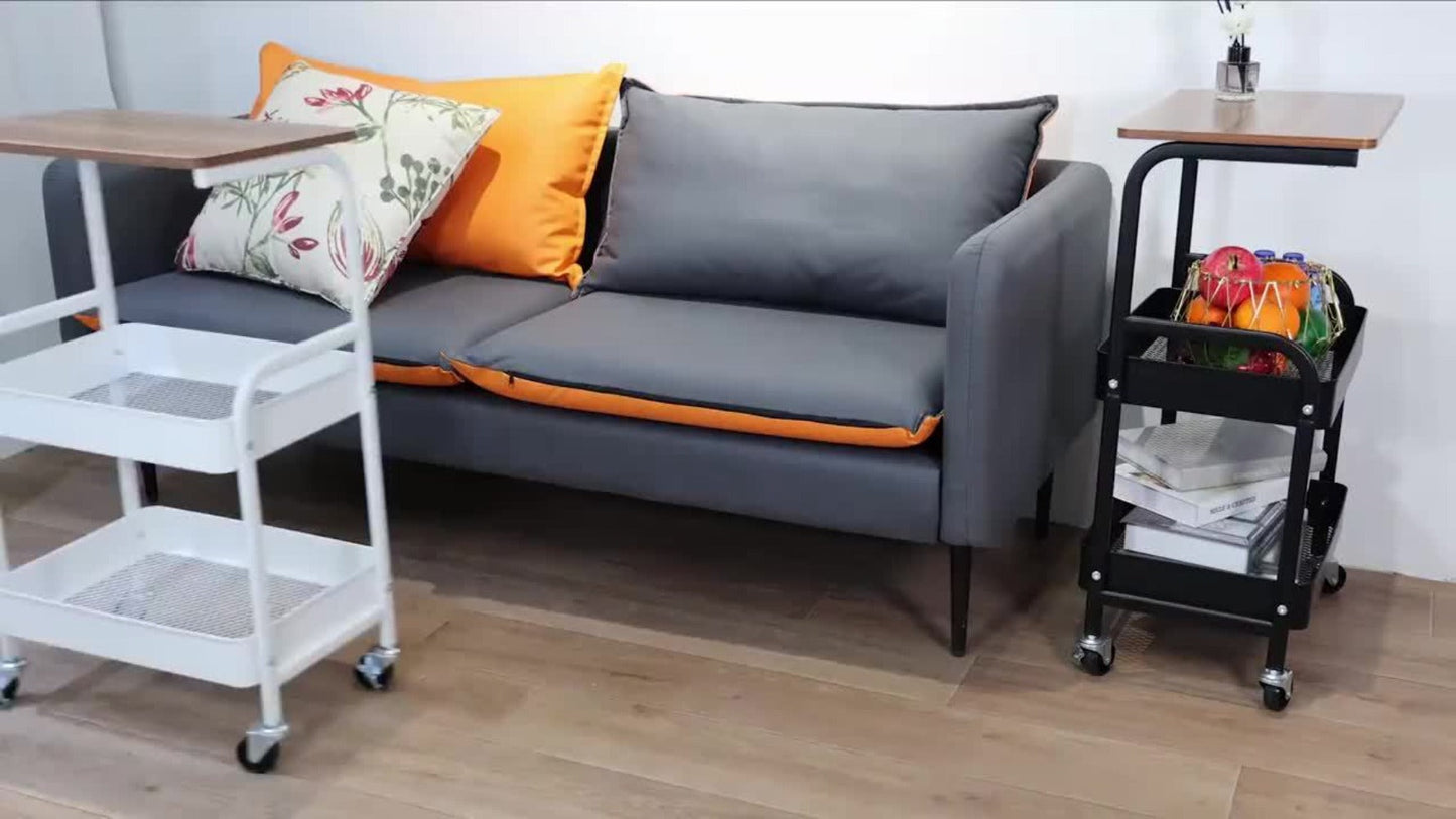 Three-Tier Rolling Storage Cart with Wooden Tabletop, Reinforced Black Frame and Locking Casters