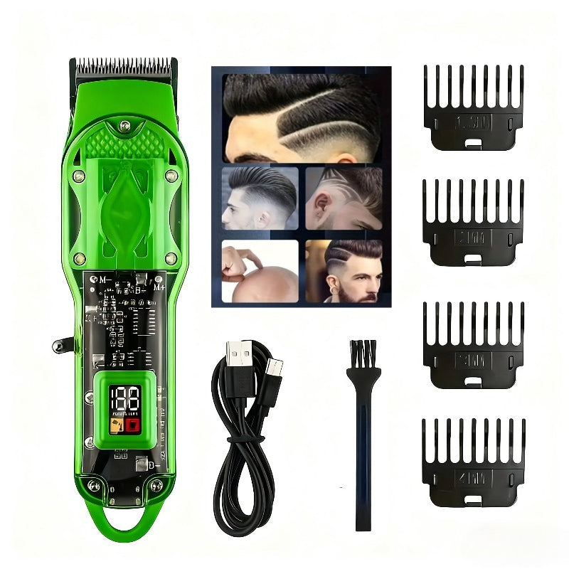 Transparent-Shell Hair Clipper with Digital Display, Six Single-Clipper Colors or Black Three-Piece Grooming Kit