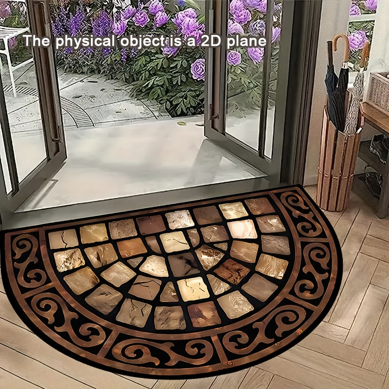 Doormat Non-Slip Stone Print Semi-Circular Welcome Mat Thick Soft Earth Tone Mosaic Design Machine Washable Outdoor Indoor Porch Rug for Home Decor