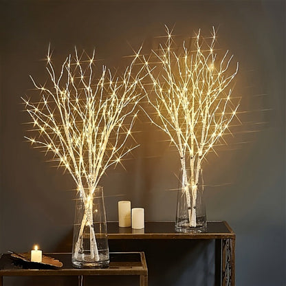 Birch Branch Lights Set of 2, Artificial Luminous Birch Tree Branches with Green Leaves & LED Fairy Lights — Battery Powered Indoor Decor for Christmas, New Year, Home & Reading Nook