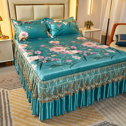 Ruffled Floral Bedspread Mat Set with Two Pillowcases, Twin to King Sizes and Four Pattern Choices