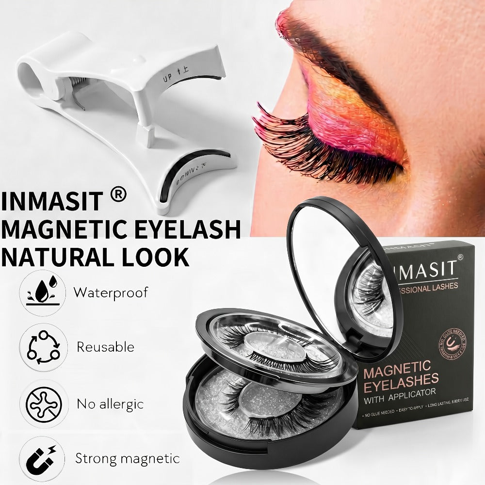INMASIT Magnetic False Eyelashes Set with Round Storage Case and Applicator in Black or Pink