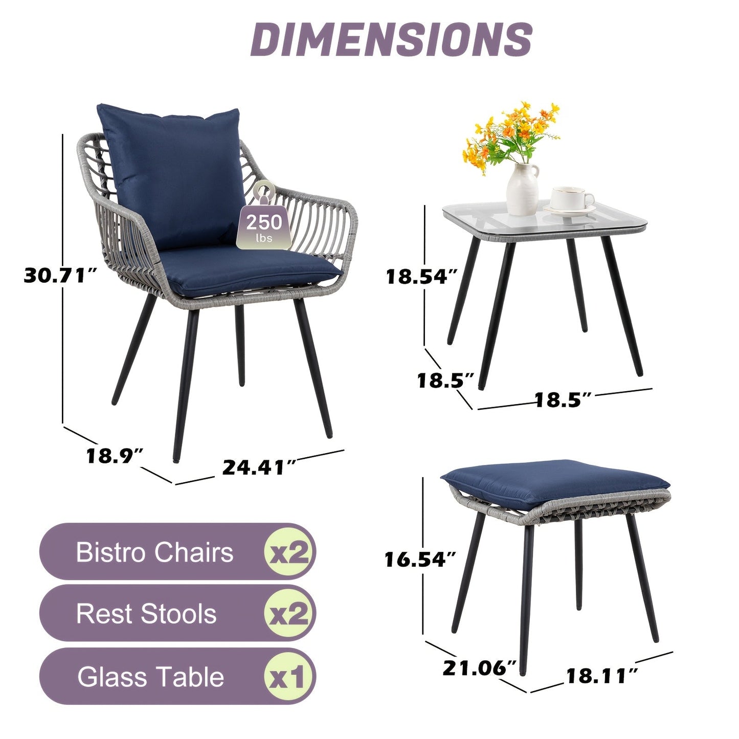 Five-Piece PE Rattan Patio Set with Two Chairs, Two Footstools, Round Glass Table and Gray-Blue Cushions