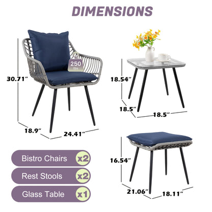 Five-Piece PE Rattan Patio Set with Two Chairs, Two Footstools, Round Glass Table and Gray-Blue Cushions