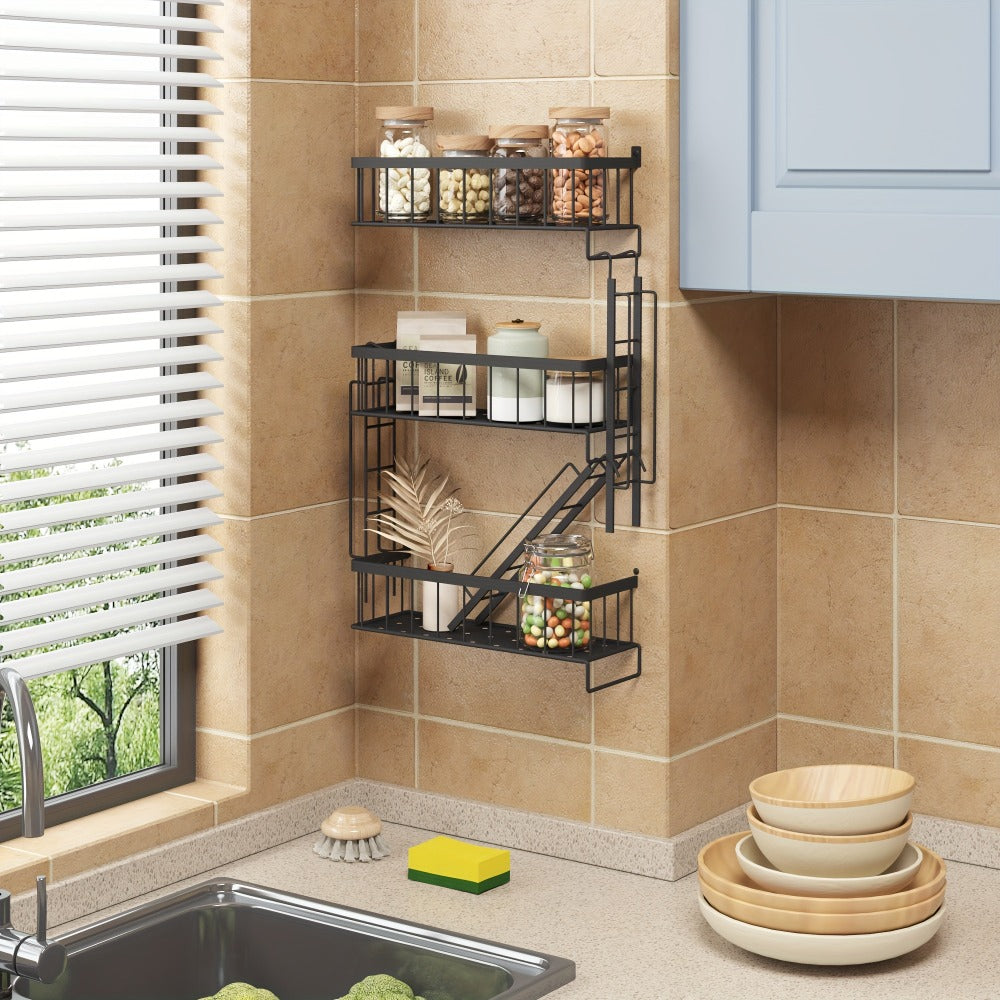 Three-Tier Black Ladder Wall Shelf with 27-Inch Height, Three Baskets and Side Hook Set for Storage