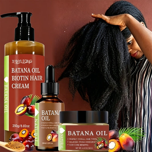 Batana Oil Set 3-Piece from Honduras - Dr. Sebi Cold Pressed Unrefined Batana Oil with Hair Mask & Essence, Deep Moisture, Prevents Breakage & Split Ends, Restores Dry Damaged Hair