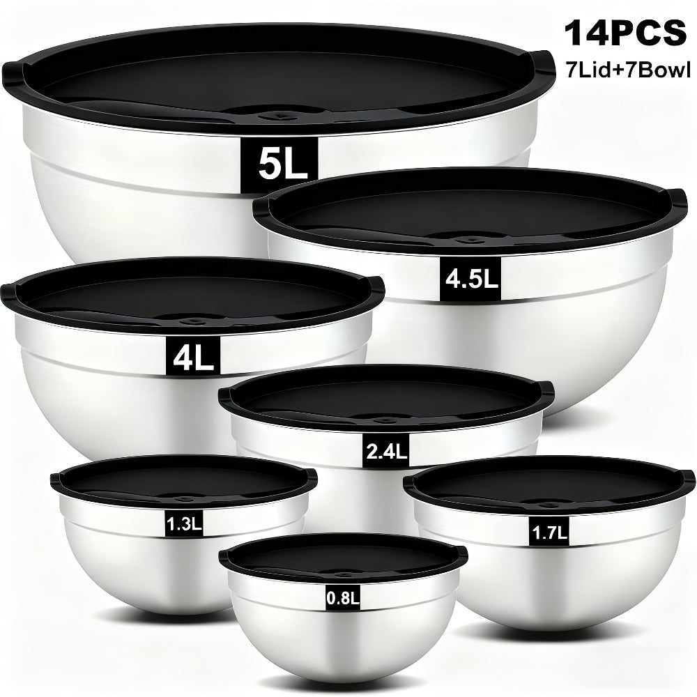 Stainless Steel Mixing Bowls with Airtight Lids Set of 14 Seven Nesting Bowls 0.7 to 4.5QT for Home Cooking, Dining and Outdoor Meals