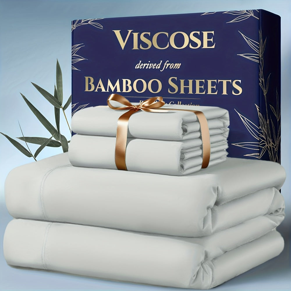 Viscose-from-Bamboo Four-Piece Sheet Set with Deep-Pocket Fitted Sheet, Twin to King Sizes and 12 Colors