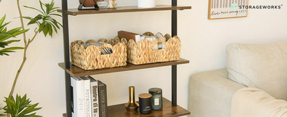 Scalloped Wicker Baskets Set of 2 - Water Hyacinth & Seagrass Woven Rattan Basket with Handles for Shelf, Nursery, Bathroom, Living Room Boho Decor