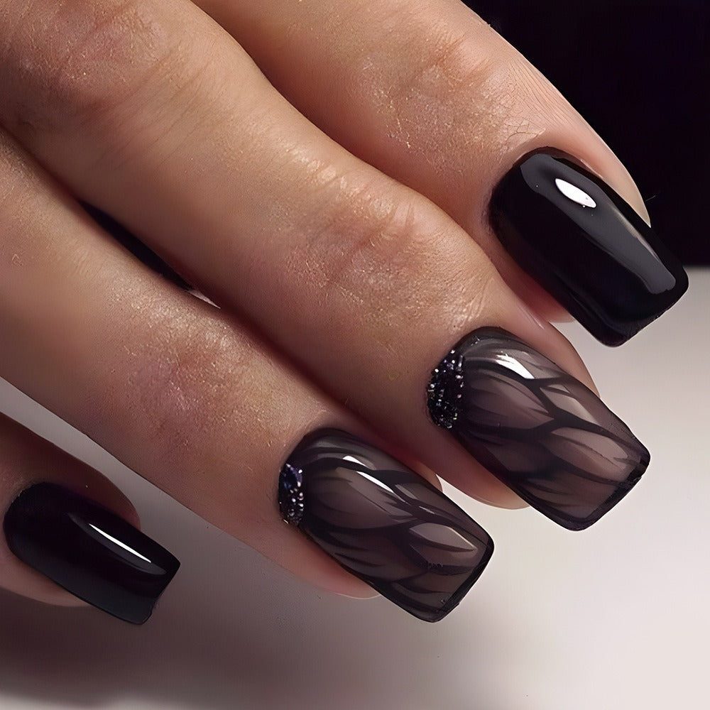 Press On Nails 96-Piece Short Square Black Ice-Crack Pattern Glossy Full-Cover Set with Nail Glue