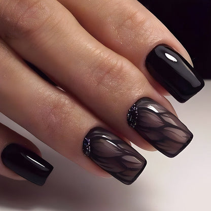 Press On Nails 96-Piece Short Square Black Ice-Crack Pattern Glossy Full-Cover Set with Nail Glue