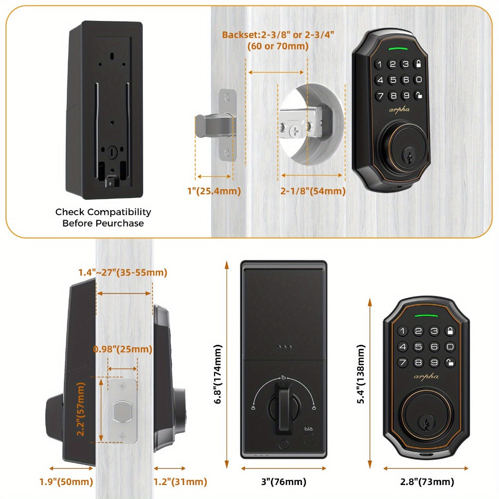 100 Code Keypad Door Lock Smart Keyless Entry Deadbolt – Anti-Peep Password, One-Touch Auto Lock, Fingerprint & WiFi Options, Zinc Alloy Front Door Lock, Easy Install, Low Battery Alarm, Black Silver