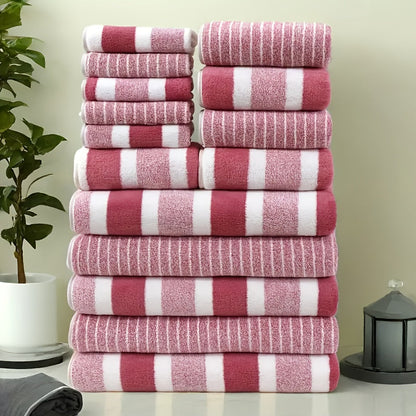 Coral Fleece Towel Set 9 or 15 Piece No Hair Loss 320GSM - Super Soft Absorbent Two-Color Striped | 2 Bath 2 Face 5 Hand Towels | Gray Brown Red Green Blue Mixed | Bathroom Beach Essentials
