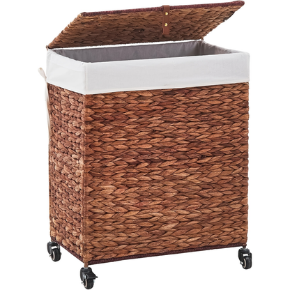 Laundry Basket with Lid & Handles - Handwoven Water Hyacinth Wicker Hamper, Removable Cotton Liner, 2 Mesh Bags, Boho Style, 9.25/17.17/25.1 Gal with Optional Casters