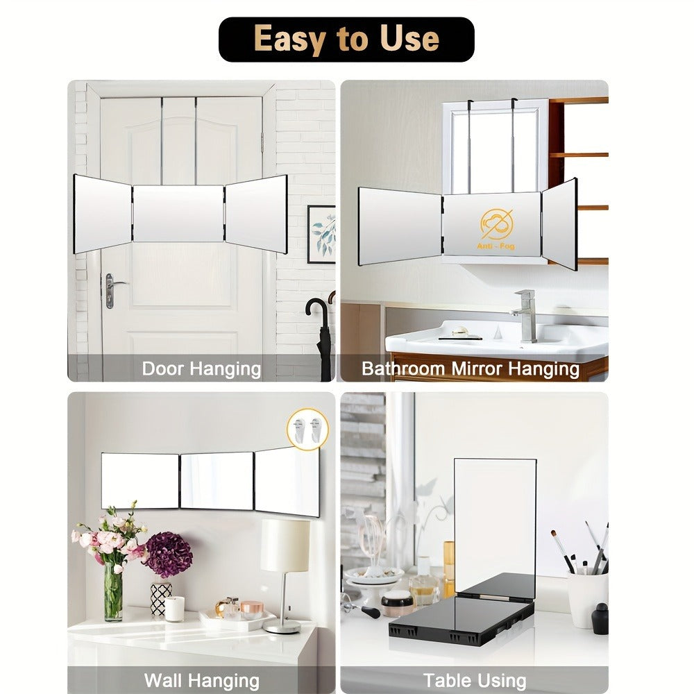 Three-Way Hair Cutting Mirror with Folding Panels, Adjustable Door Hooks and LED, Non-LED or Two-Pack Options