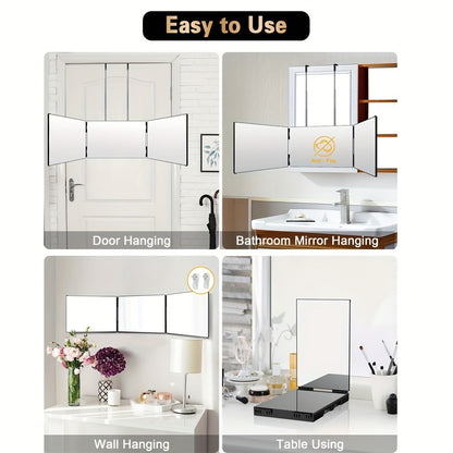 Three-Way Hair Cutting Mirror with Folding Panels, Adjustable Door Hooks and LED, Non-LED or Two-Pack Options