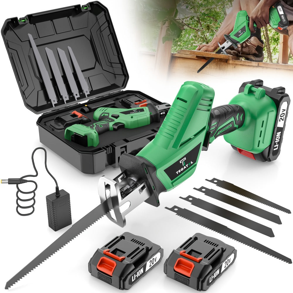 Electric Reciprocating Saw Cordless with LED Light & Safety Lock – Multi-Purpose Cutting Tool with Replaceable Blades, 1 or 2 Battery Options, Carrying Case Included