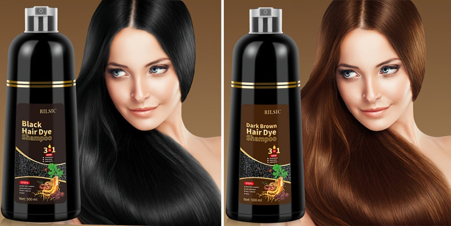 Herbal Hair Dye Shampoo 3-in-1 with Plant Squalene 2pcs 16.91oz — Instant Gray Hair Coverage, Natural Color in Minutes, Brown Dark Brown & Black, Unisex Men & Women