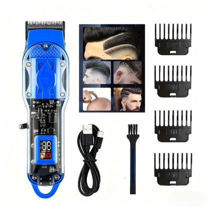Transparent-Shell Hair Clipper with Digital Display, Six Single-Clipper Colors or Black Three-Piece Grooming Kit