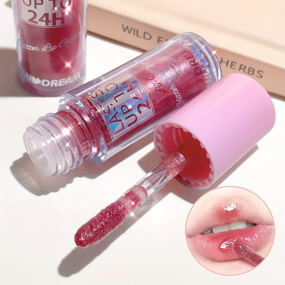 24H Waterproof Glitter Lip Gloss & Lip Stain Set 3PCS – Moisturizing Lip Oil Formula, Long-Lasting Smudge-Proof Glitter Shine in Berry Coral Pink Red Shades for Women All Skin Tones