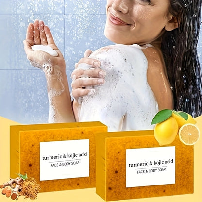 Turmeric and Kojic Acid Bar Soap, 12-Pack of 100g Bars with Lemon and Honey Labels plus Bubble Net