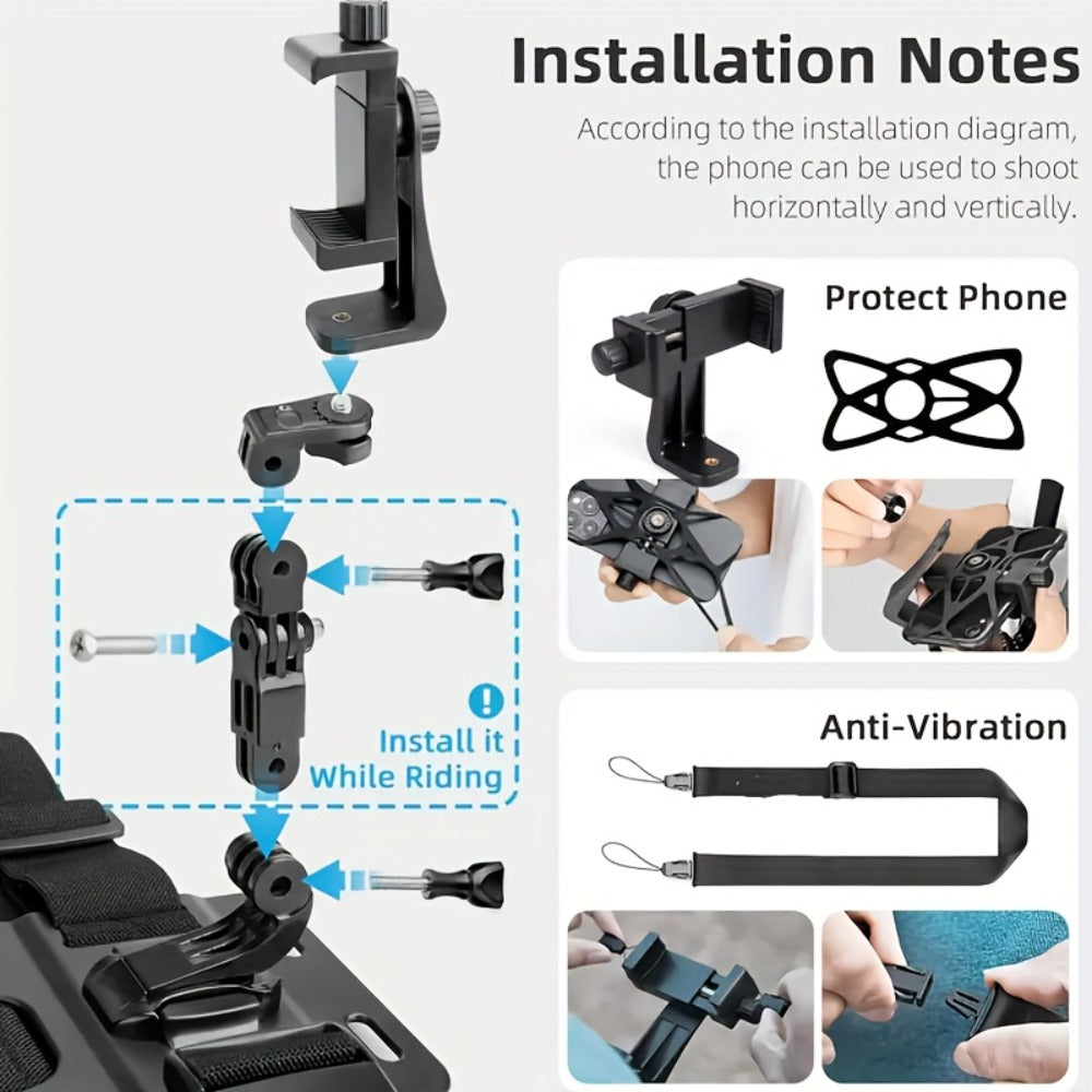 Adjustable Chest Camera Mount Harness with Six Black Checkout Styles and One-Size Strap Configuration