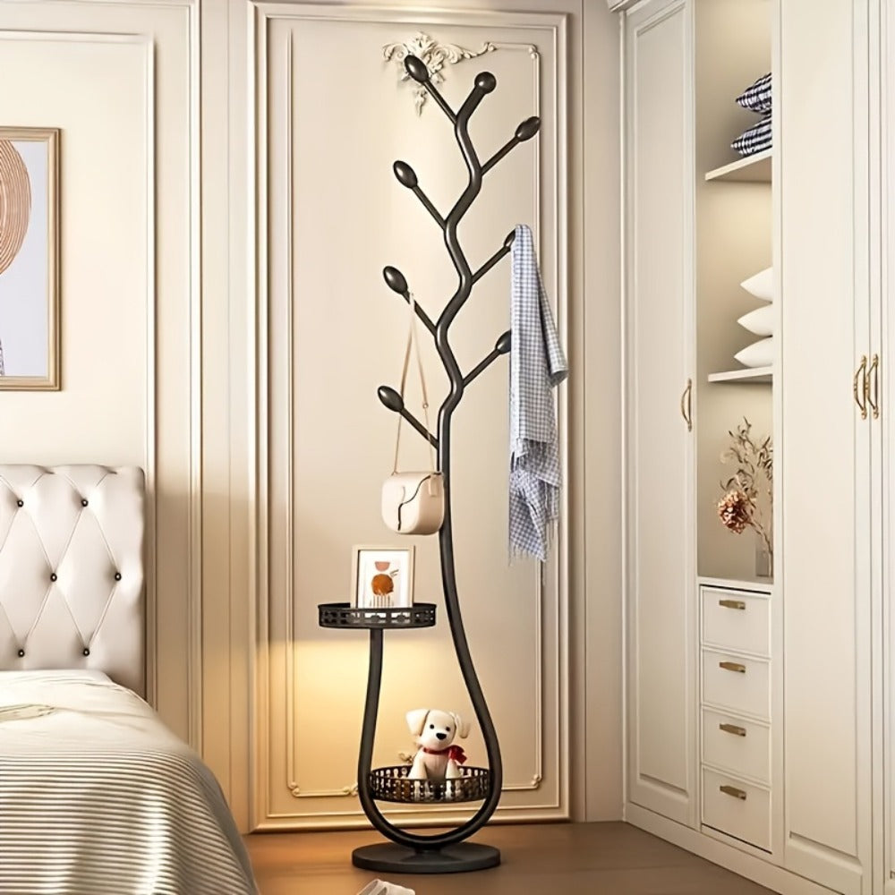 Freestanding Coat Tree with Branching Hooks, Circular Lower Shelf and White, Black or Golden Finish