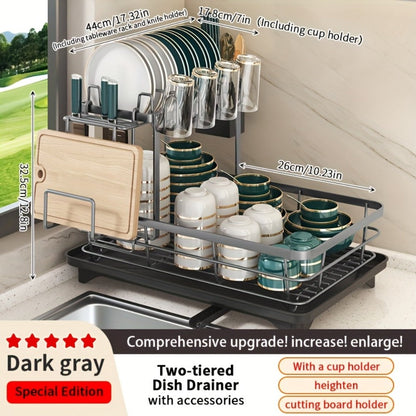 Two-Tier Dish Drying Rack, Metal Countertop Organizer with Cutlery Holder, Cup Holder and Drip Tray