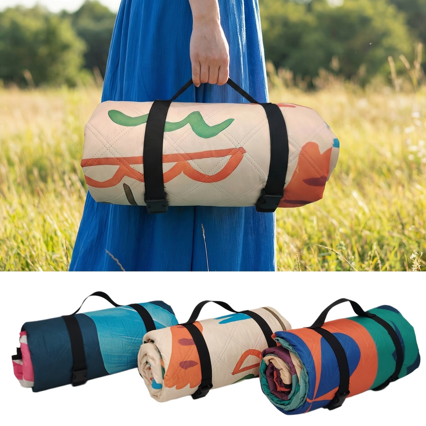 Large Padded Picnic Blanket with Carry Straps in Geometric, Palm-Village or Tropical Leaf Prints