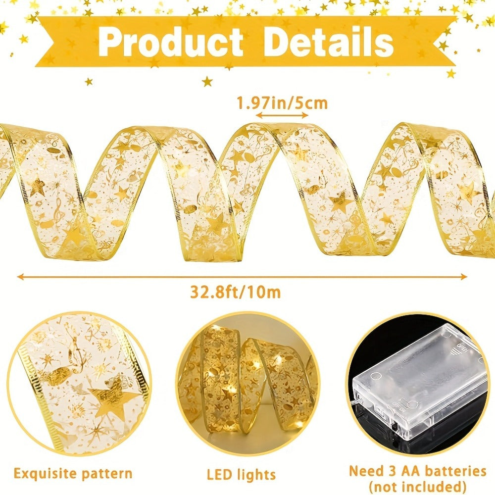 String Lights, 32.8-Foot Golden Warm White Ribbon Garland with Battery Power for Indoor Holiday Decor