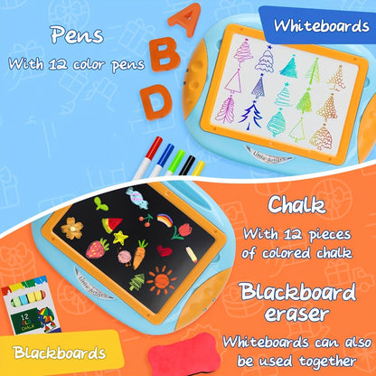 Double-Sided Kids Drawing Easel with Foldable Tabletop Stand, Chalkboard, Whiteboard and Six Color Options