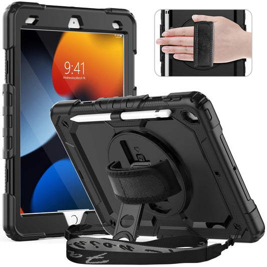 iPad 9th 8th 7th Generation Case 10.2 Inch Heavy Duty with Screen Protector, Hand & Shoulder Strap, 360° Rotating Stand, Pencil Holder – Full Body Protection for iPad 7/8/9 Gen, Black